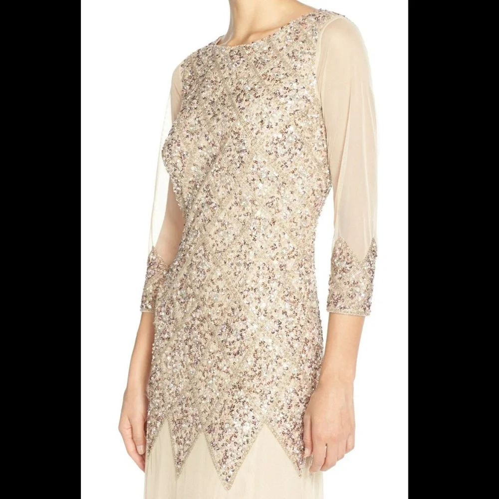 NWT JS Collections [ 4 ] Long Sleeve Embellished Tulle‎ Gown Champagne